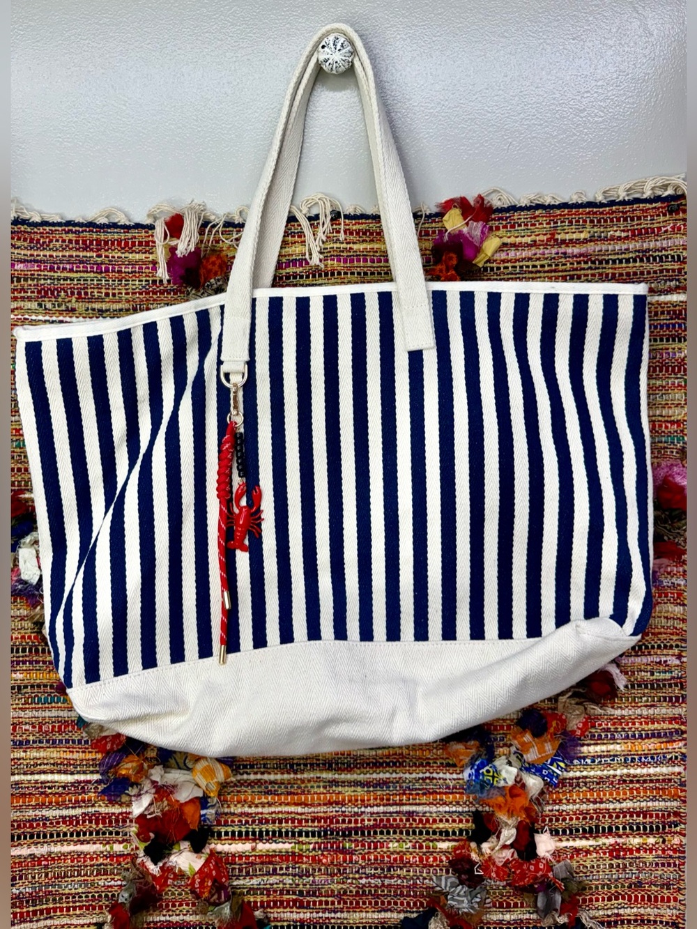 Shiraleah Navy and White Striped Canvas Tote with Red Lobster Tassel Charm Large